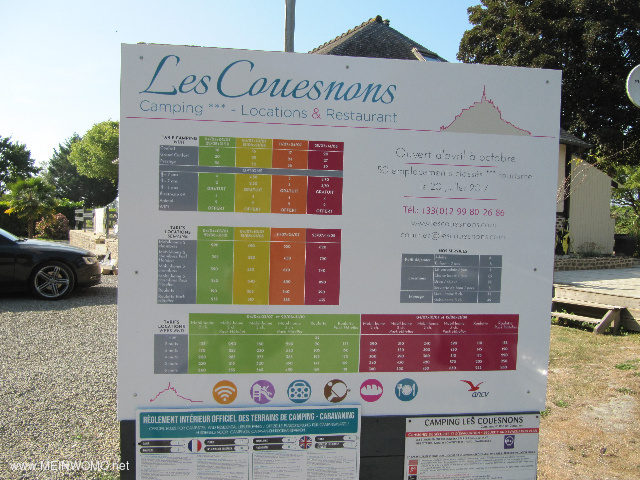 Price board of the campsite Les Couesnons. 2020.