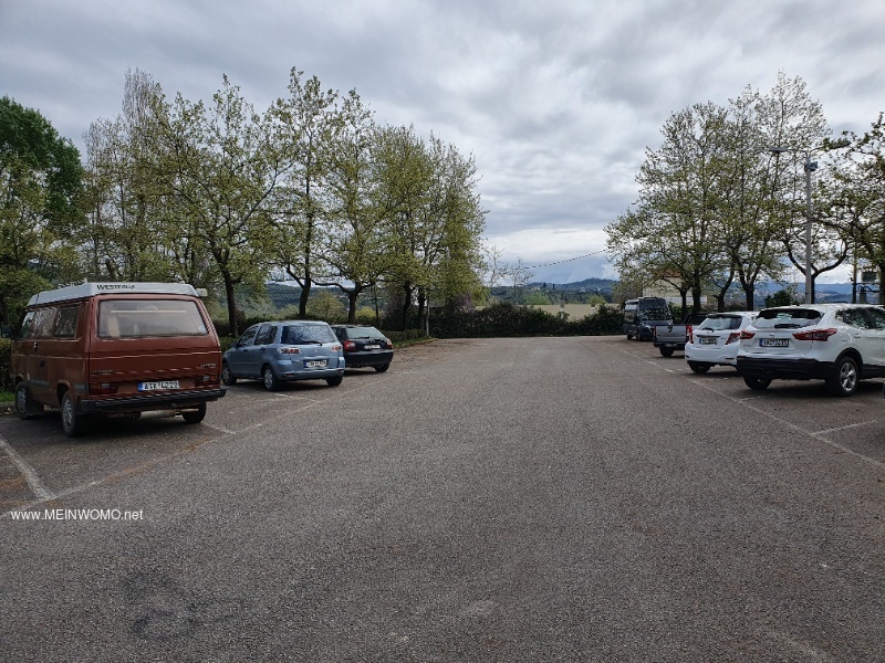 The parking lot, little used in April 2023 