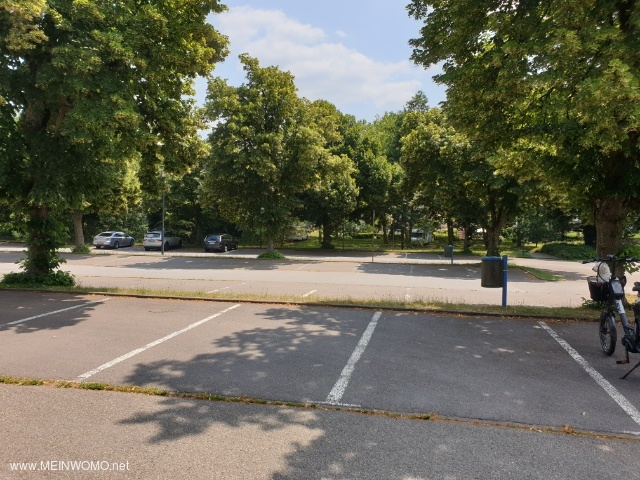 I bakgrunden mellan trden finns den nrliggande parkeringsplatsen (tskild av en bck)