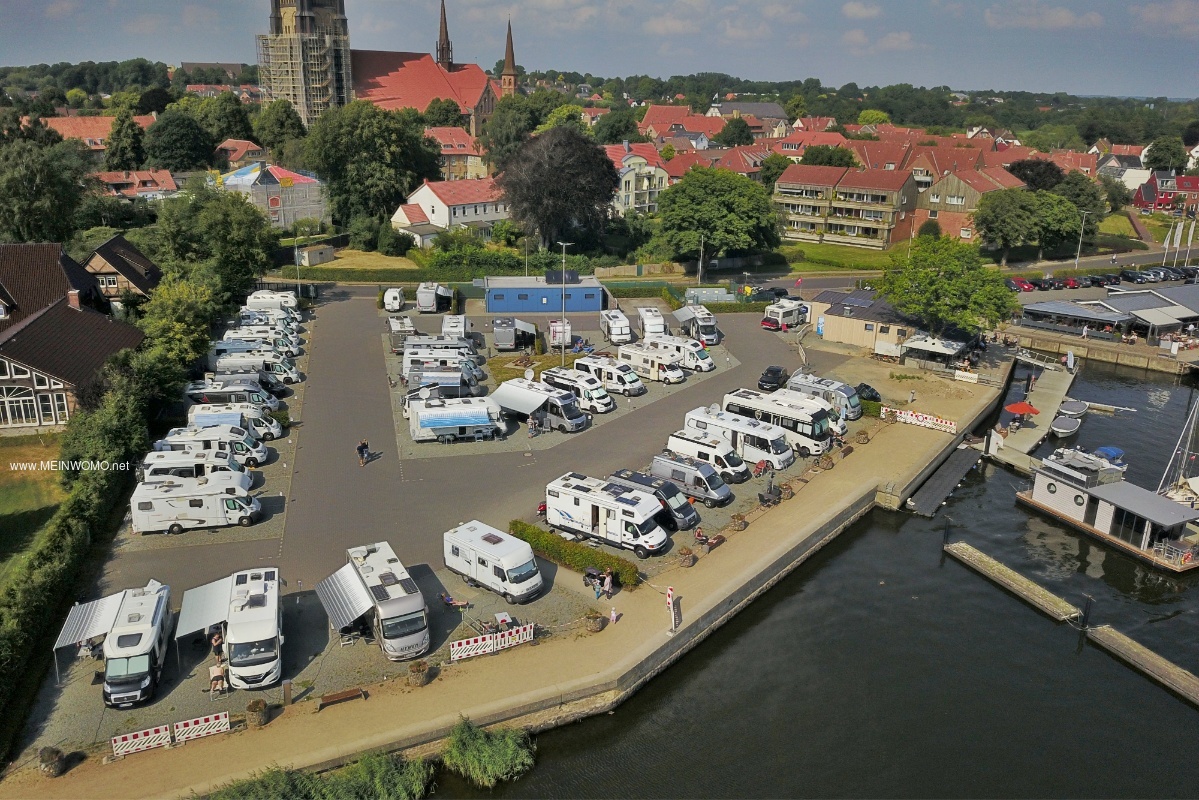  Aerial view of the motorhome parking space at the city harbor  
