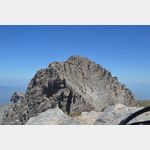 Der Gipfel Mytikas von Skala aus fotografiert. In Skala sollten unsicherfe BergsteigerInnen umdrehen, denn ab hier ist Trittsicherheit ntig