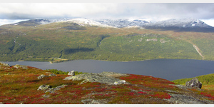 Blick vom ber 800 Meter hohen Plateau des Laxfjllet nach Norden ber den nrdlich von Trnaby befindlichen See Stor-Laisan hinweg zum ber 1700 Meter hohen Norra Storfjellet im Vindelfjllens Naturreservat nahe des Polarkreises.