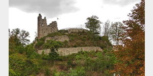 Blick von der Brcke ber die Kinzig auf die Ruinen der gegenberliegenden Schenkenburg.
