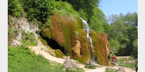 Der Wasserfall Dreimhlen bei Nohn in der Eifel. Calcium-gesttigtes Quellwasser fllt bis zu 6 Meter tief ber eine mit Laubmoos und Kieselalgen bewachsene Klippe.