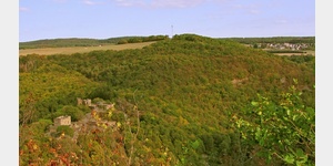 Blick vom Aussichtspunkt an der Schinderhannes-Trnke nach Osten, links unten die Ruine der Schmidtburg.