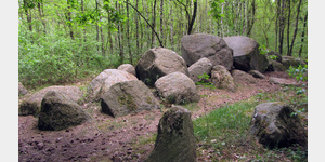 Station 27a der Megalith-Route:  Das Hohe Steine genannte Megalithgrab prsentiert sich mit 24 von ehemals 25 Tragsteinen und einer Grabkammer von 17 m Lnge.