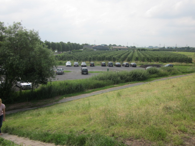 Blick vom Deich aus den weiteren Teil des Parkplatzes mit angrenzenden Obstplantagen.@Die Ausfahrt d ...