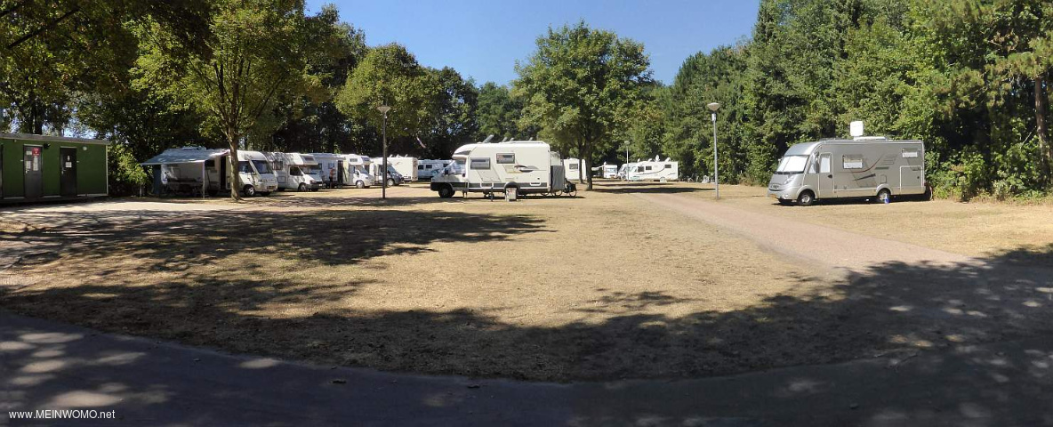 Veendam - Stellplatzberblick August 2018. Der Rasen ist leider durch die Hitze vertrocknet